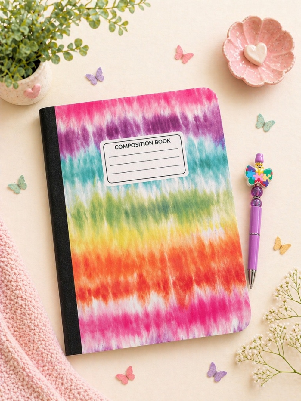 Handmade, adorable autism rainbow, butterfly, pen with Tie-Dye Composition Book